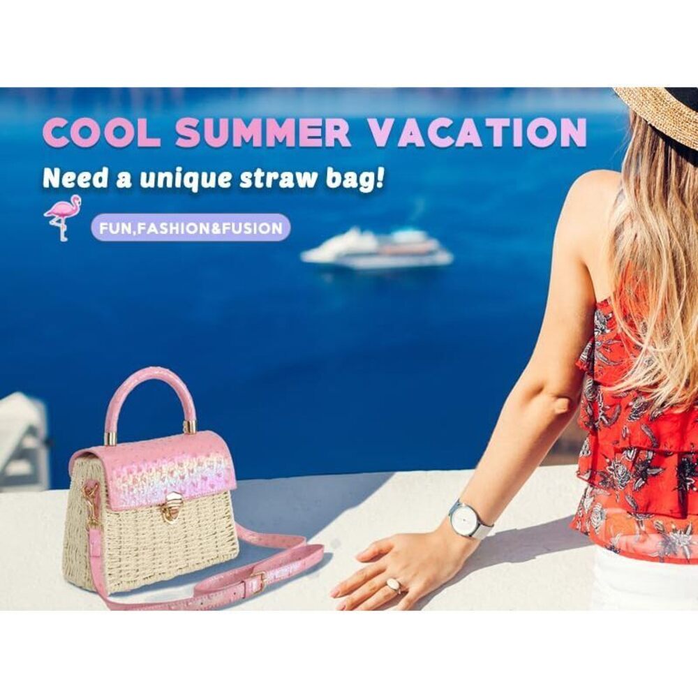 9407 Handmade Straw Bag Rattan Purse Woven Handbag Summer Beach Tote - Picture 4 of 9